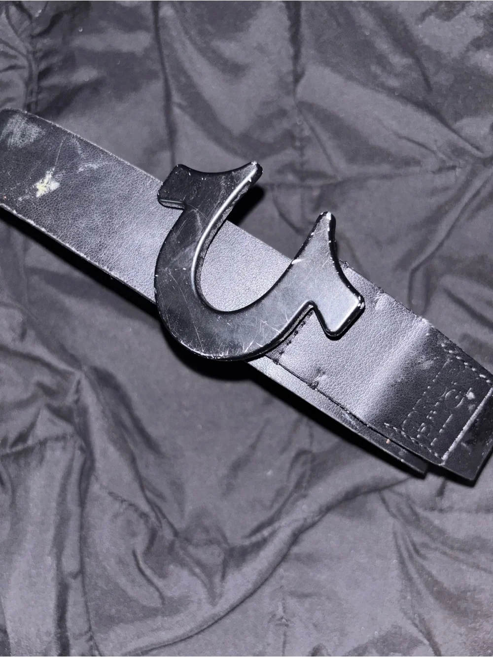 True Religion Black Leather Belt with Signature Horseshoe Buckle